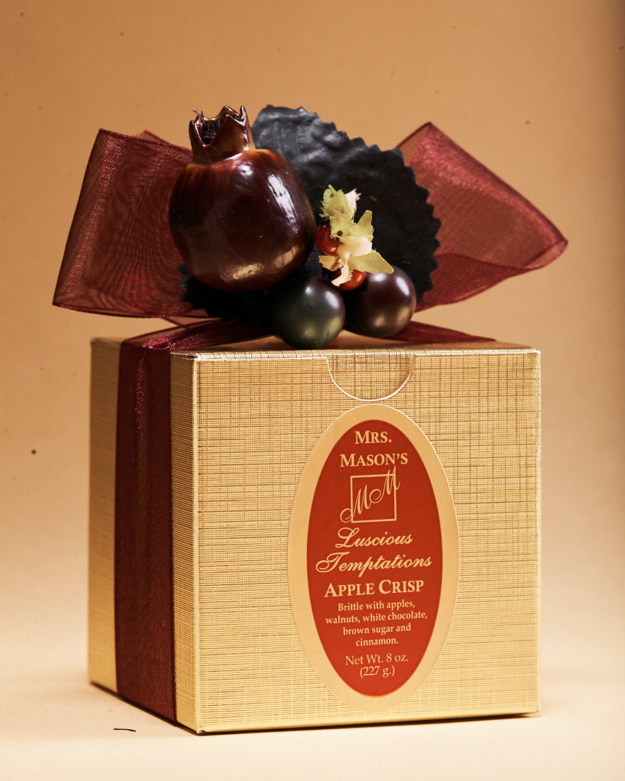 Apple Crisp Brittle in half pound gold gift box in Fall wrap