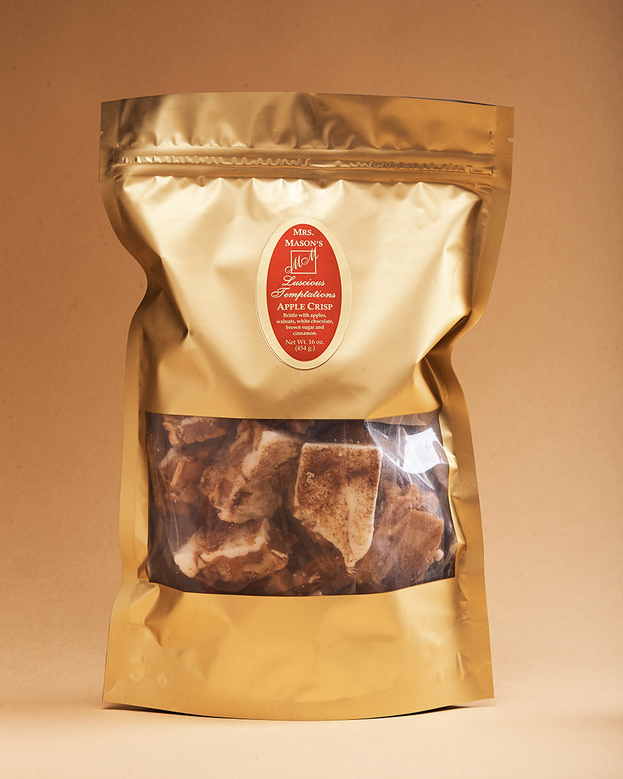 Apple Crisp Brittle in a one pound gold foil bulk bag