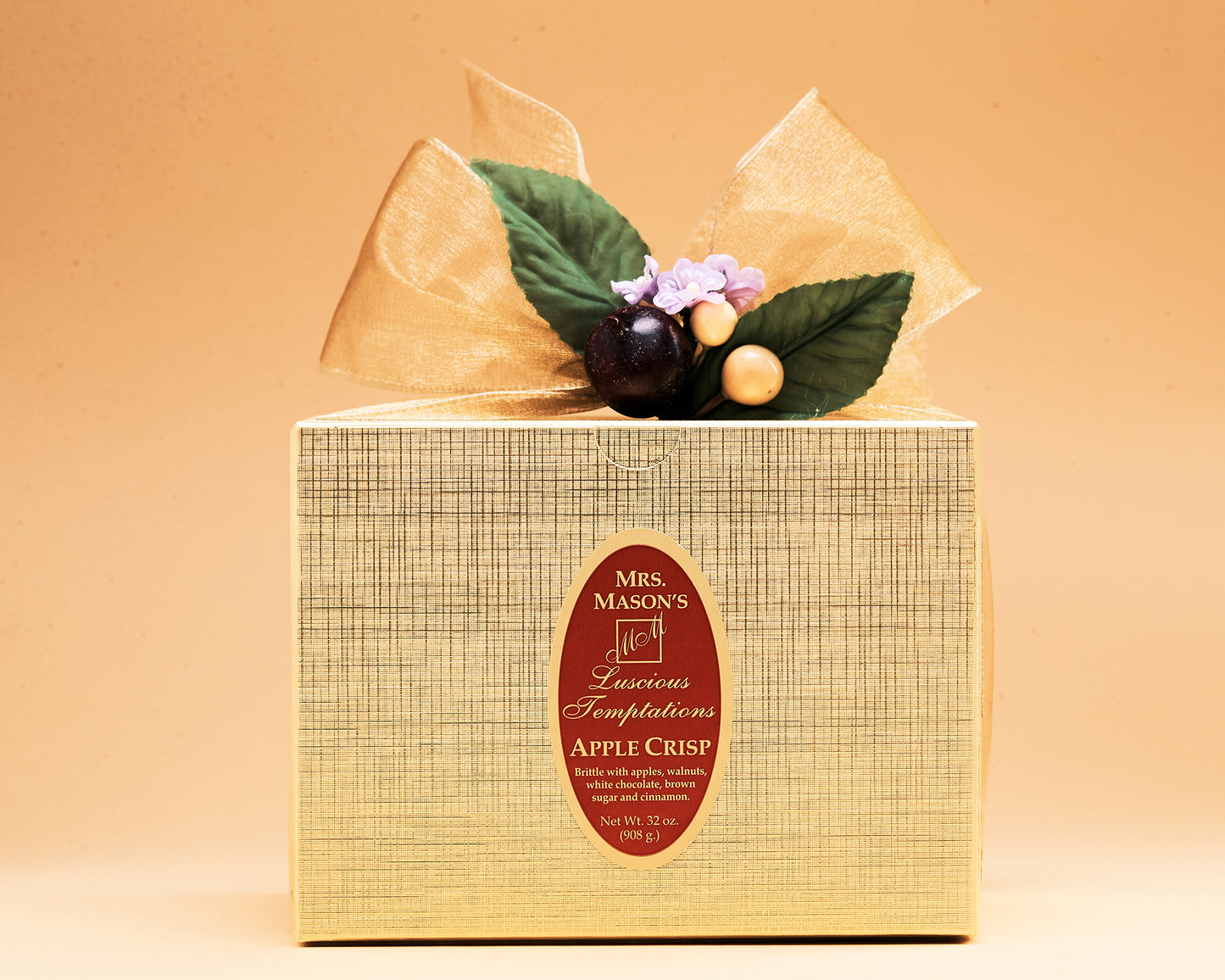 Apple Crisp Brittle in 2 pound gold box with Spring wrap