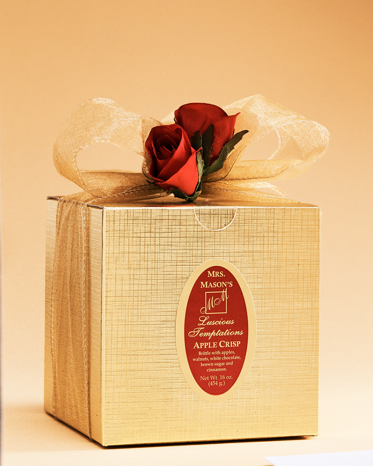 Apple Crisp Brittle one pound gold gift box in Valentine wrap