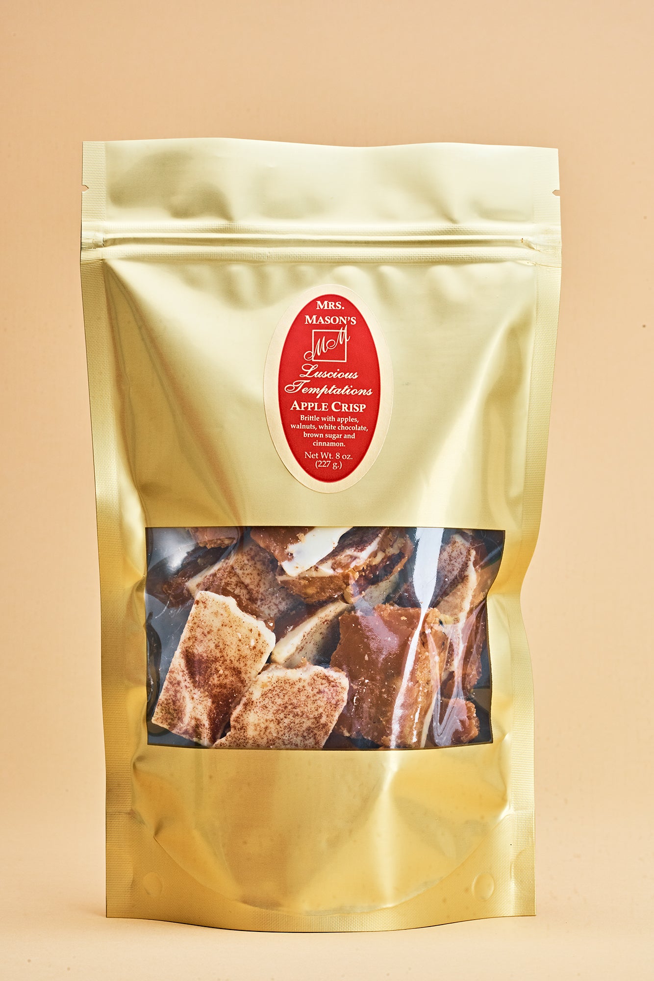 Apple Crisp Brittle in a half pound gold bulk bag
