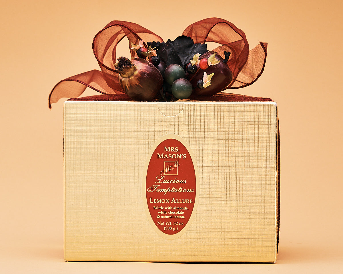 Lemon Allure Brittle in two pound gold gift box in Fall wrap