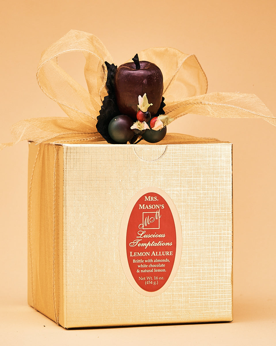 Lemon Allure Brittle in one pound gold gift box in Fall wrap